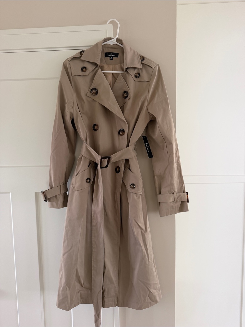 Lulu's Beige Double-Breasted Trench Coat with Belt